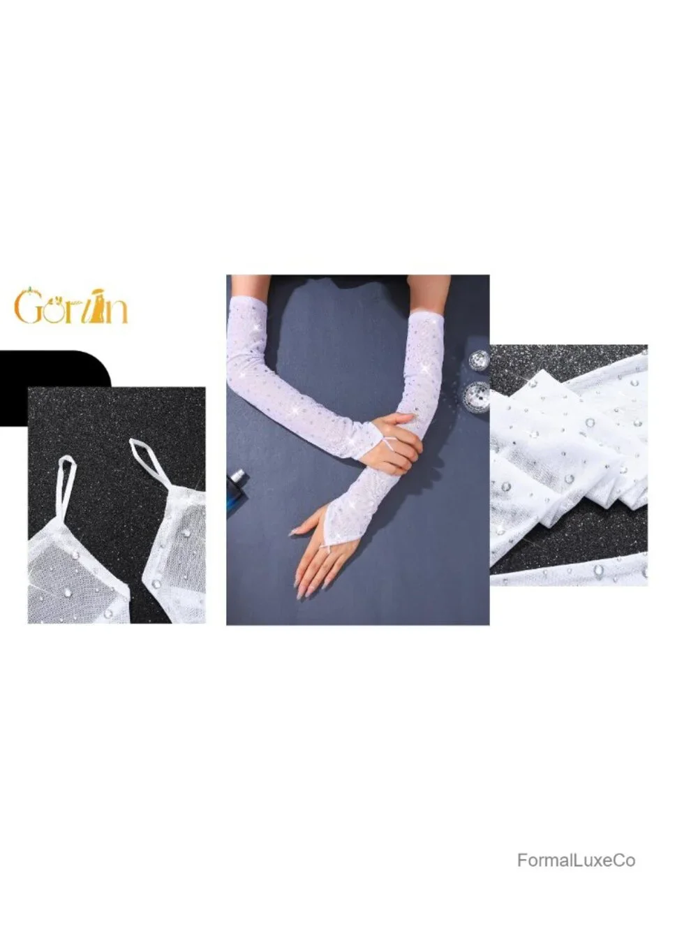 Rhinestones Fingerless Long Gloves Tulle Elbow Length Opera Prom Halloween